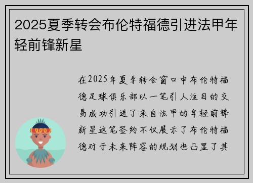 2025夏季转会布伦特福德引进法甲年轻前锋新星