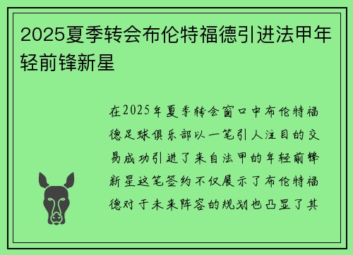 2025夏季转会布伦特福德引进法甲年轻前锋新星