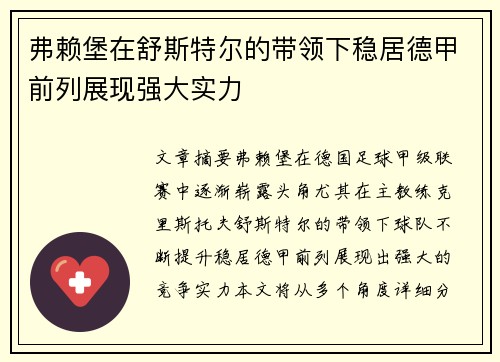 弗赖堡在舒斯特尔的带领下稳居德甲前列展现强大实力